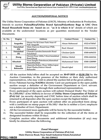 Utility Stores Corporation of Pakistan Private Limited Faisalabad Tender Notice